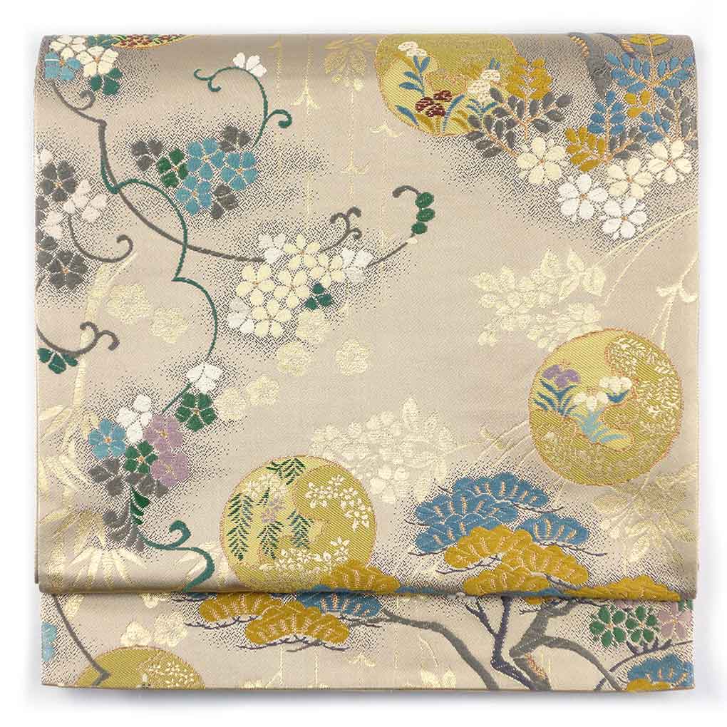 袋帯 リサイクル帯 幅31cm 長さ436cm レディース 花柄 秋冬春用 正絹（シルク）ベージュ 美品 リメイク リユース【ランクA】