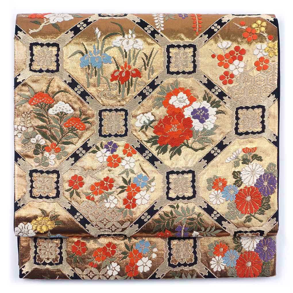 袋帯 リサイクル帯 幅31cm 長さ423cm レディース 蜀江 秋冬春用 正絹（シルク）ゴールド 美品 リメイク リユース【ランクA】