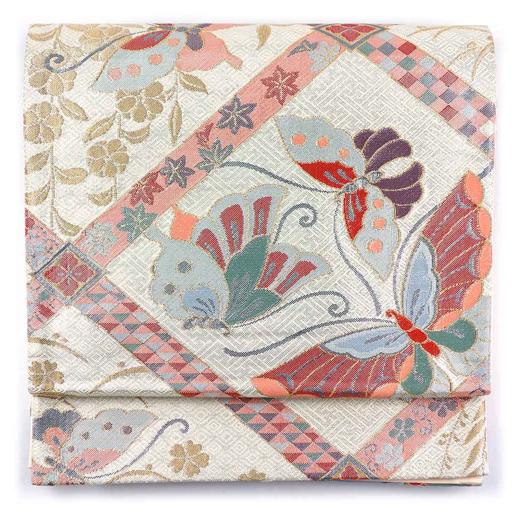 袋帯 リサイクル帯 幅31cm 長さ437cm レディース 蝶柄 秋冬春用 正絹（シルク）シルバー 美品 リメイク リユース【ランクA】