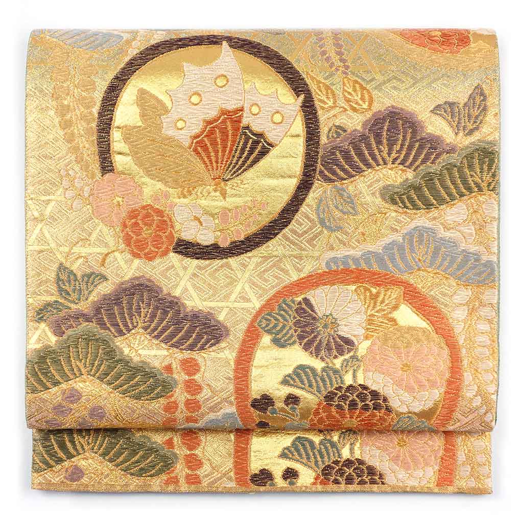 袋帯 リサイクル帯 幅31cm 長さ429cm レディース 松 秋冬春用 正絹（シルク）ゴールド 美品 リメイク リユース【ランクA】