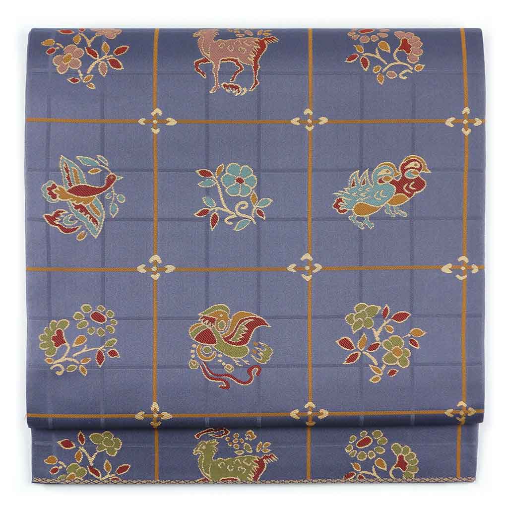 袋帯 リサイクル帯 幅30.5cm 長さ441cm レディース 格子 秋冬春用 正絹（シルク）グレー 美品 リメイク リユース【ランクA】