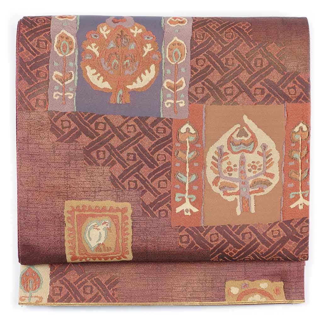 袋帯 リサイクル帯 幅30.5cm 長さ435cm レディース 抽象柄 秋冬春用 正絹（シルク）ブラウン 美品 リメイク リユース【ランクA】