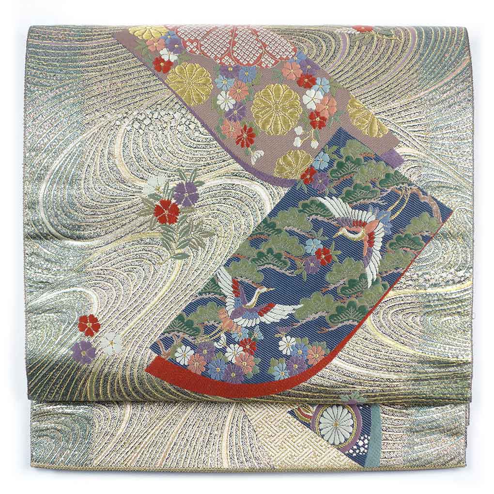 袋帯 リサイクル帯 幅31cm 長さ428cm レディース 花柄 秋冬春用 正絹（シルク）ゴールド 美品 リメイク リユース【ランクA】