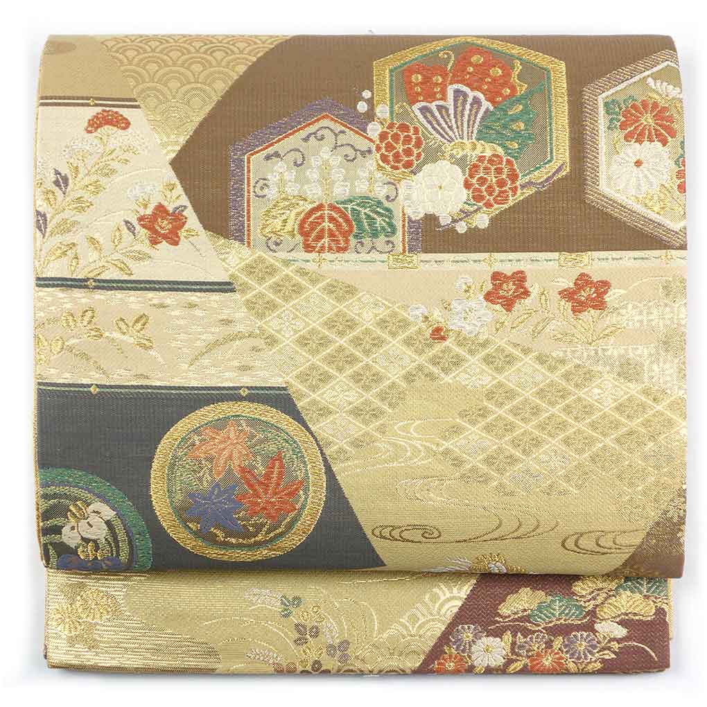 袋帯 リサイクル帯 幅31cm 長さ433cm レディース 花柄 秋冬春用 正絹（シルク）ゴールド 美品 リメイク リユース【ランクA】