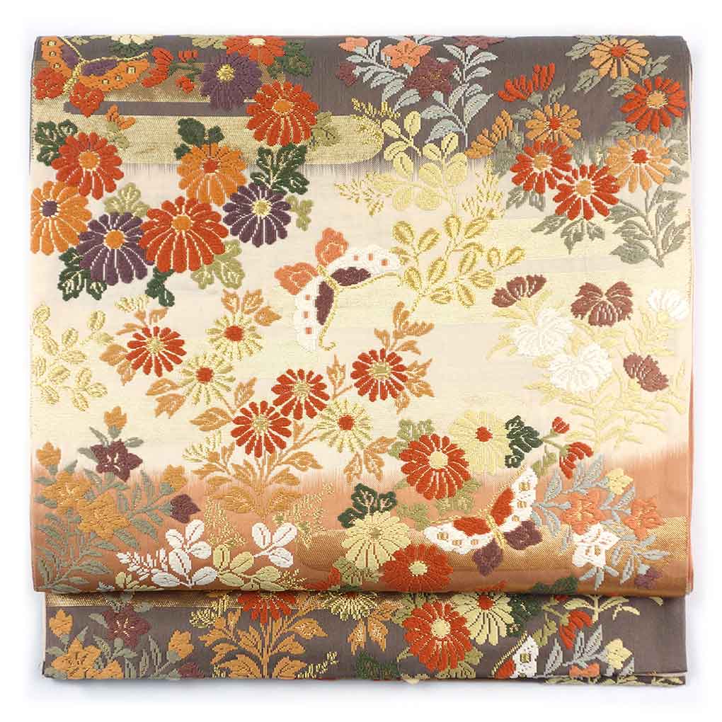 袋帯 リサイクル帯 幅31cm 長さ428cm レディース 花柄 秋冬春用 正絹（シルク）ベージュ 美品 リメイク リユース【ランクA】