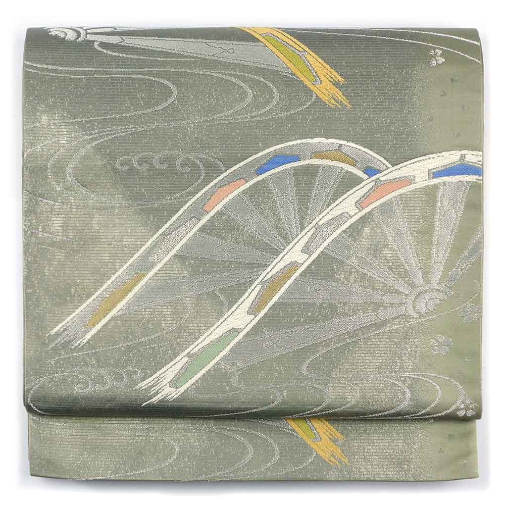 袋帯 リサイクル帯 幅31cm 長さ433cm レディース 源氏車 秋冬春用 正絹（シルク）グリーン 美品 リメイク リユース【ランクA】