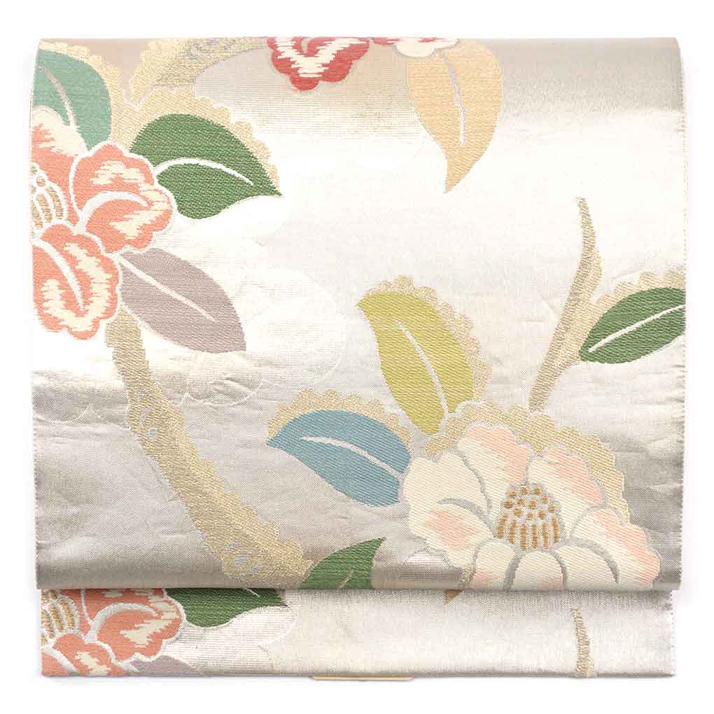 袋帯 リサイクル帯 幅31cm 長さ440cm レディース 花柄 秋冬春用 正絹（シルク）シルバー 美品 リメイク リユース【ランクA】