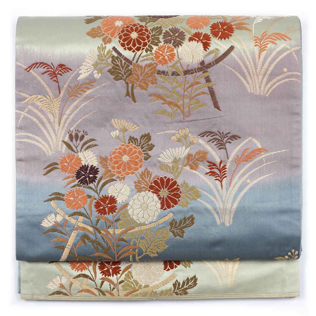 袋帯 リサイクル帯 幅30.5cm 長さ430cm レディース 花柄 秋冬春用 正絹（シルク）ブルー 美品 リメイク リユース【ランクA】