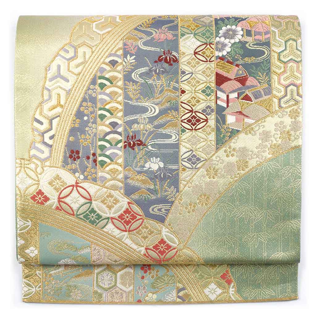 袋帯 リサイクル帯 幅30.5cm 長さ442cm レディース 連続模様 秋冬春用 正絹（シルク）ゴールド 未使用品 リメイク リユース【ランクS】