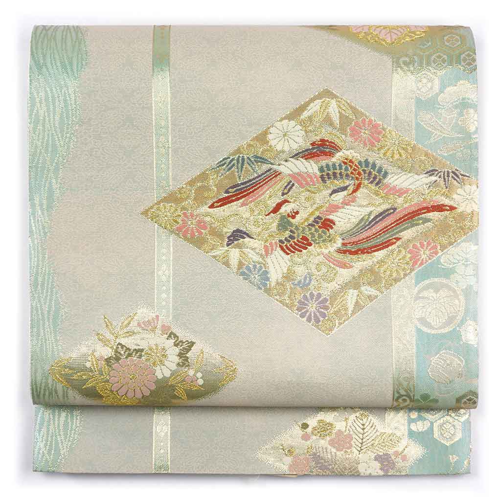 袋帯 リサイクル帯 幅31cm 長さ426cm レディース 鳳凰 秋冬春用 正絹（シルク）グレー 未使用品 リメイク リユース【ランクS】