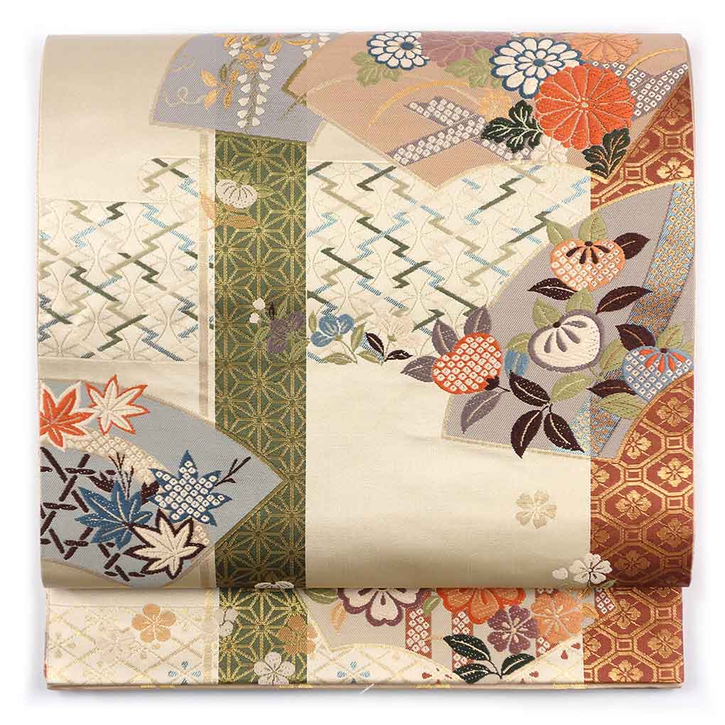 袋帯 リサイクル帯 幅31cm 長さ438cm レディース 扇面 秋冬春用 正絹（シルク）ブラウン 未使用品 リメイク リユース【ランクS】