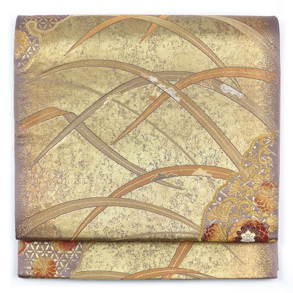 袋帯 リサイクル帯 幅31cm 長さ428cm レディース 露芝 秋冬春用 正絹（シルク）ゴールド 美品 リメイク リユース【ランクA】