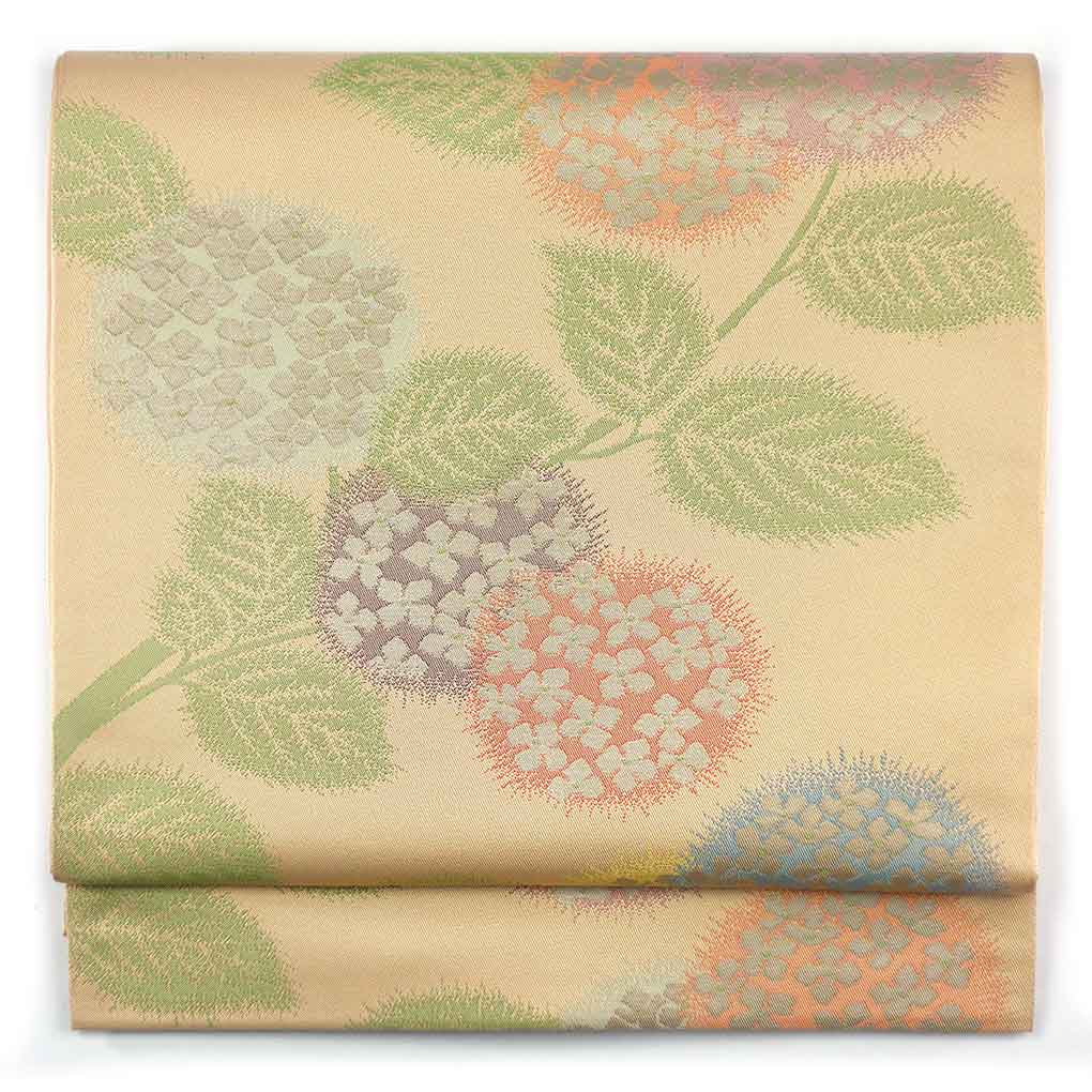 袋帯 リサイクル帯 幅31cm 長さ445cm レディース 紫陽花 秋冬春用 正絹（シルク）ブラウン 美品 リメイク リユース【ランクA】