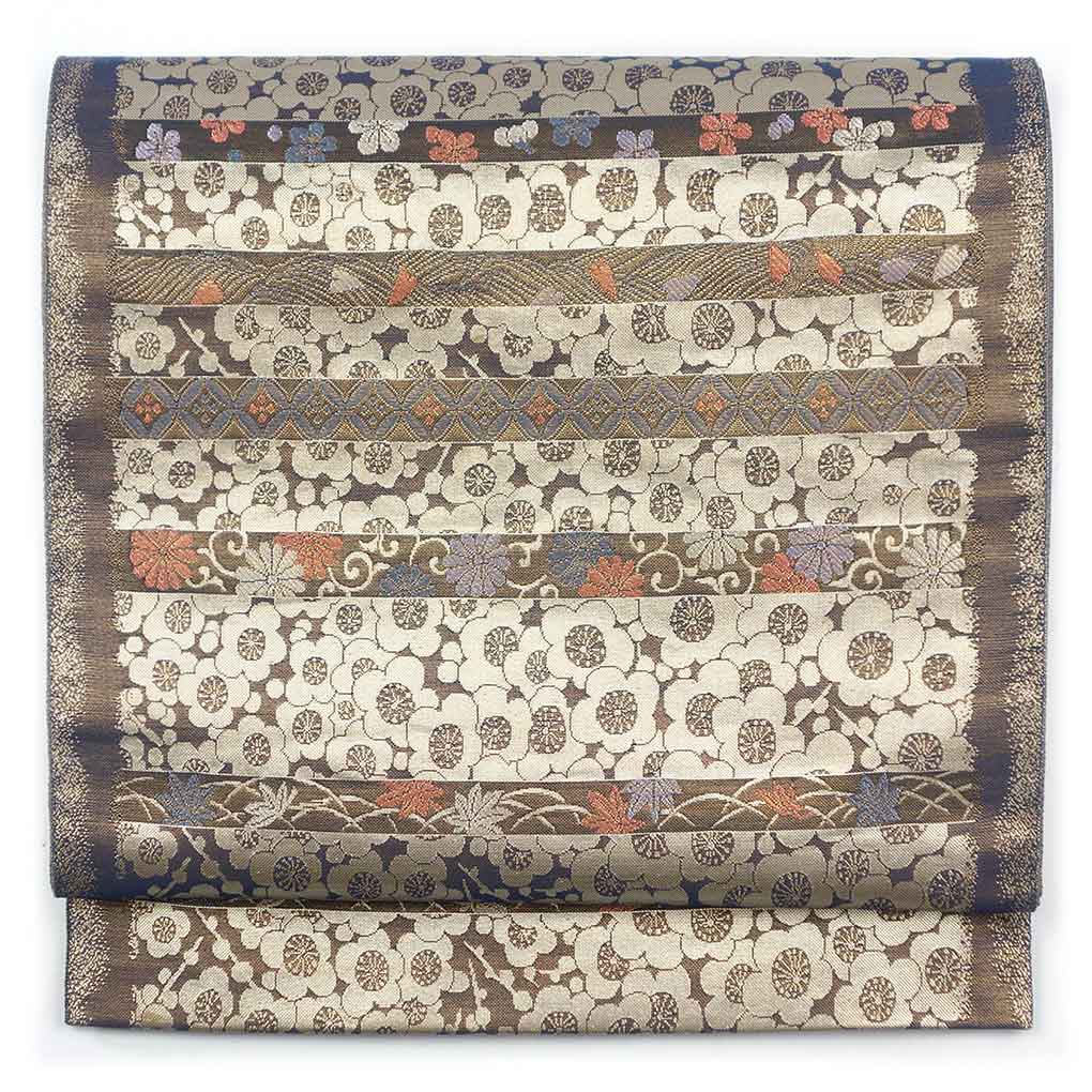 袋帯 リサイクル帯 幅31cm 長さ432cm レディース 梅柄 秋冬春用 正絹（シルク）ゴールド 美品 リメイク リユース【ランクA】