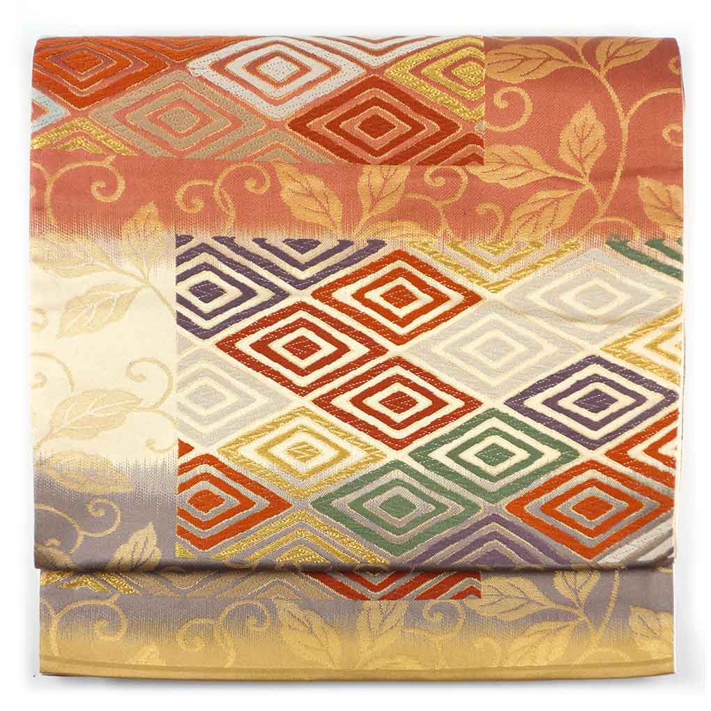 袋帯 リサイクル帯 幅31cm 長さ428cm レディース 菱形 秋冬春用 正絹（シルク）ブラウン 美品 リメイク リユース【ランクA】