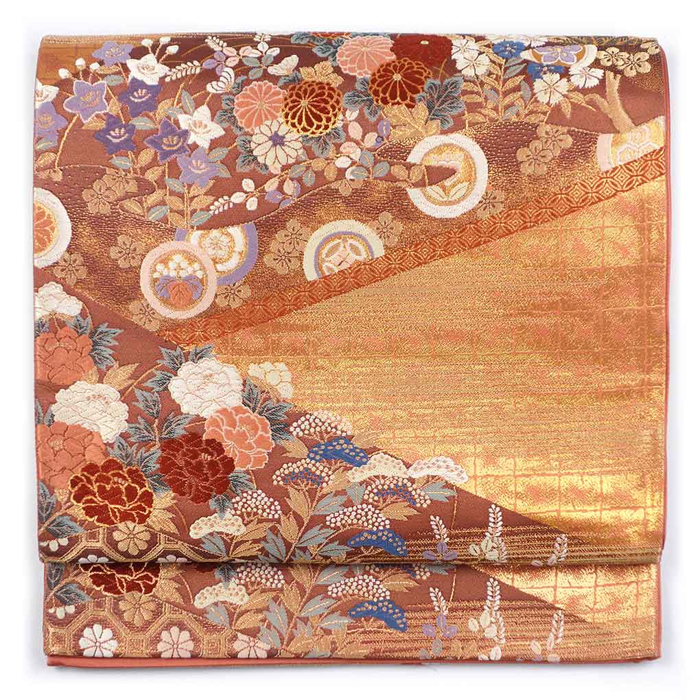 袋帯 リサイクル帯 幅31cm 長さ430cm レディース 花柄 秋冬春用 正絹（シルク）ブラウン 美品 リメイク リユース【ランクA】