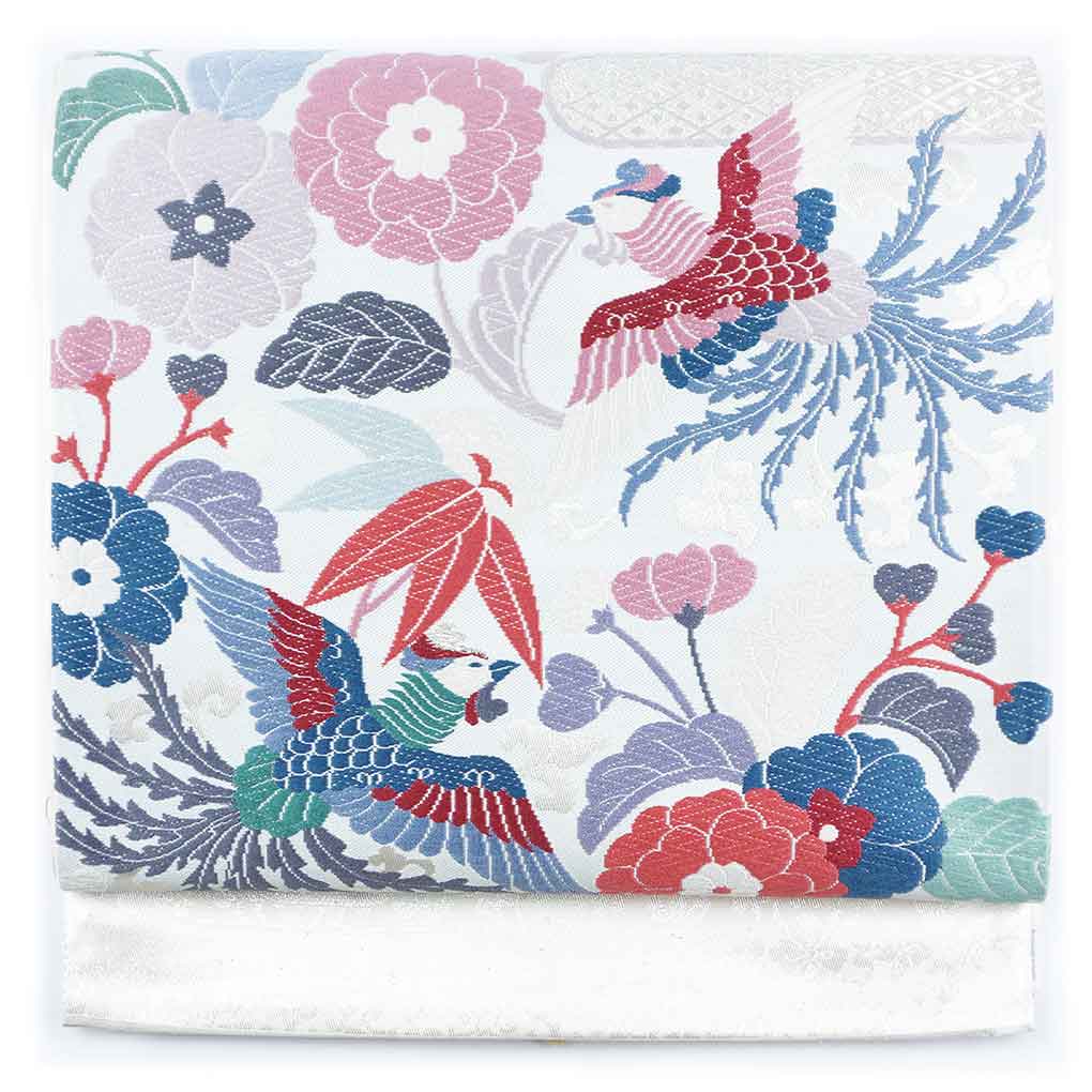 袋帯 リサイクル帯 幅30.5cm 長さ422cm レディース 鳳凰 秋冬春用 正絹（シルク）シルバー やや難 リメイク リユース【ランクB】