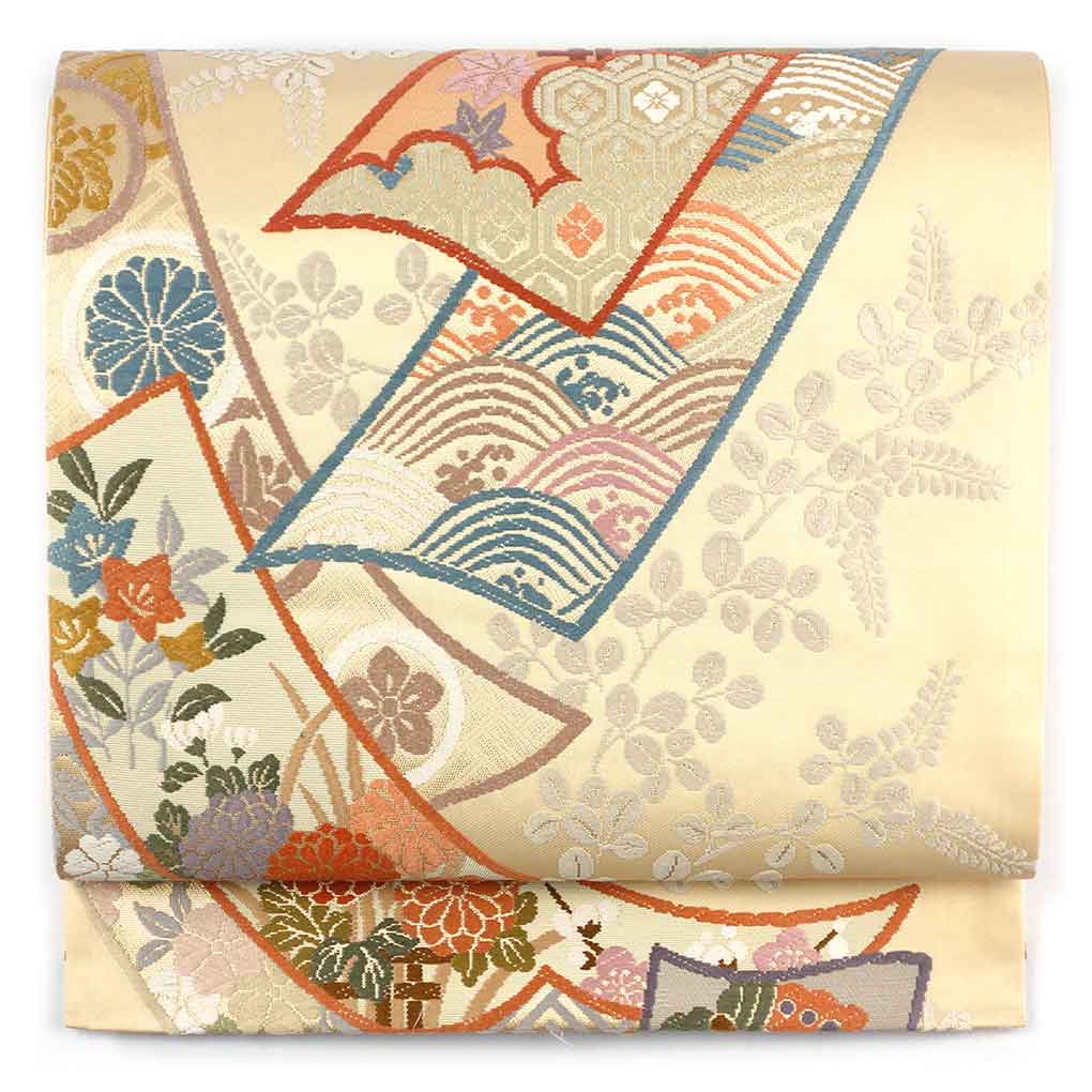 袋帯 リサイクル帯 幅30.5cm 長さ435cm レディース 花柄 秋冬春用 正絹（シルク）ベージュ 美品 リメイク リユース【ランクA】