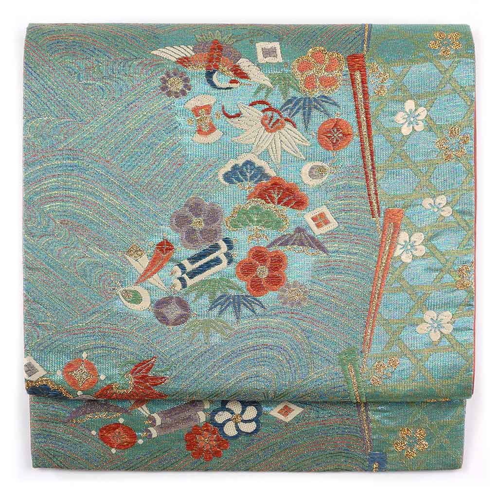 袋帯 リサイクル帯 幅30.5cm 長さ431cm レディース 宝尽くし 秋冬春用 正絹（シルク）グリーン 美品 リメイク リユース【ランクA】