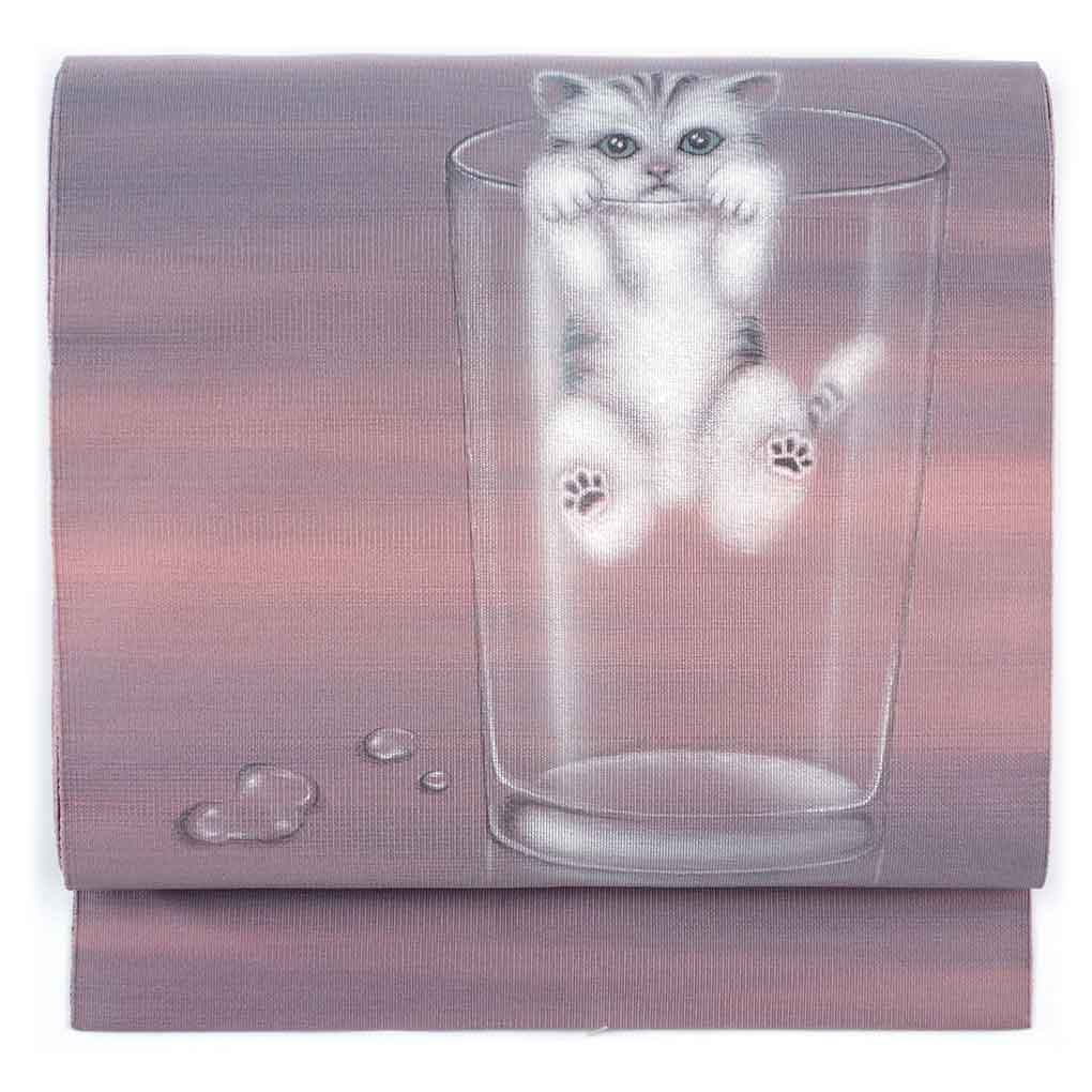 名古屋帯 リサイクル帯 幅31cm 長さ353cm レディース ネコ 秋冬春用 正絹（シルク）ピンク 未使用品 綴帯 リメイク リユース【ランクS】