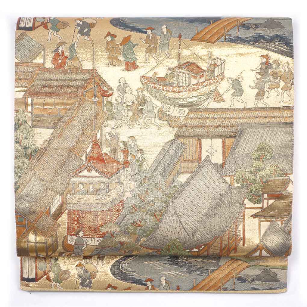 袋帯 リサイクル帯 幅31cm 長さ440cm レディース 祇園祭 秋冬春用 正絹（シルク）ゴールド 美品 リメイク リユース【ランクA】