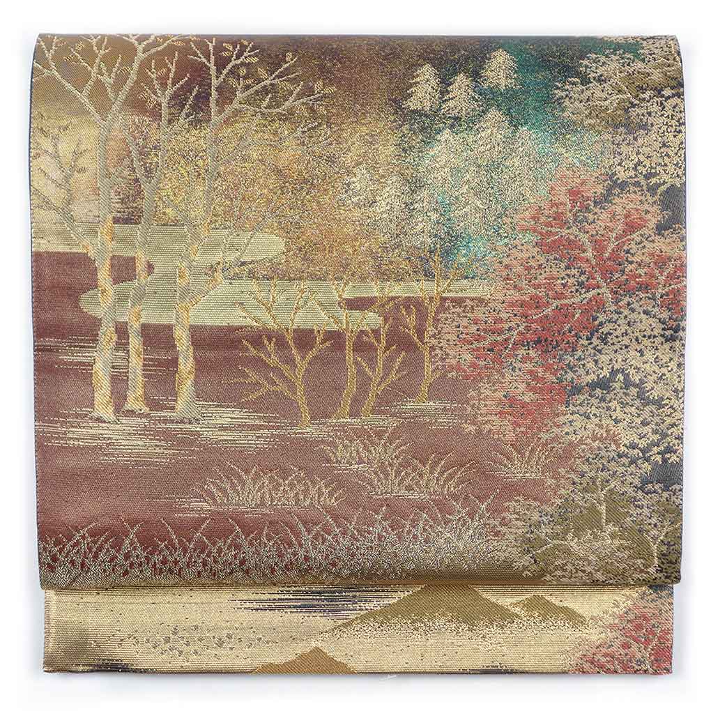 袋帯 リサイクル帯 幅30.5cm 長さ432cm レディース 風景画 秋冬春用 正絹（シルク）ゴールド 美品 リメイク リユース【ランクA】