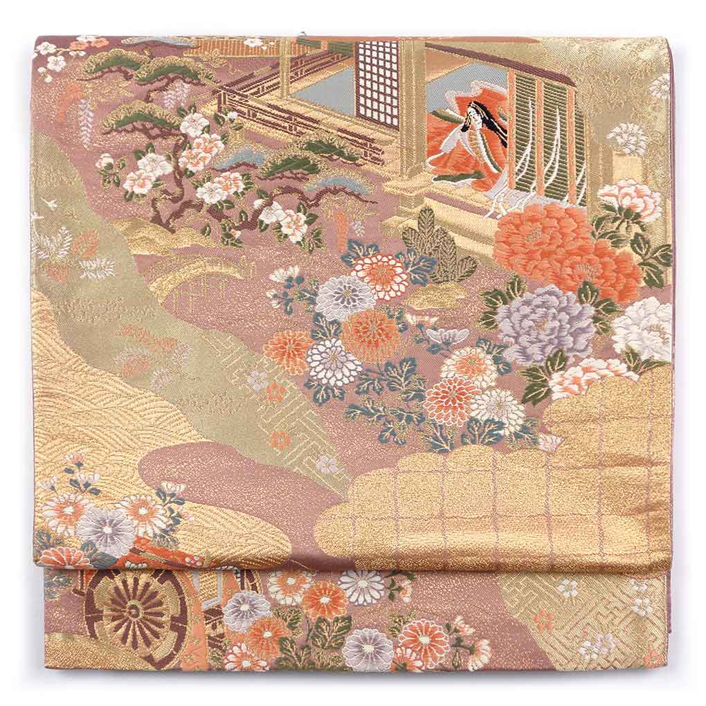 袋帯 リサイクル帯 幅31cm 長さ428cm レディース 宮中柄 秋冬春用 正絹（シルク）ピンク 美品 リメイク リユース【ランクA】