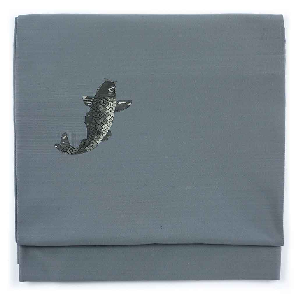 袋帯 リサイクル帯 幅30.5cm 長さ443cm レディース 鯉 秋冬春用 正絹（シルク）グレー やや難 リメイク リユース【ランクB】