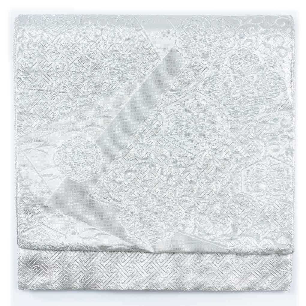 袋帯 リサイクル帯 幅30.5cm 長さ445cm レディース 花柄 秋冬春用 正絹（シルク）シルバー 美品 リメイク リユース【ランクA】