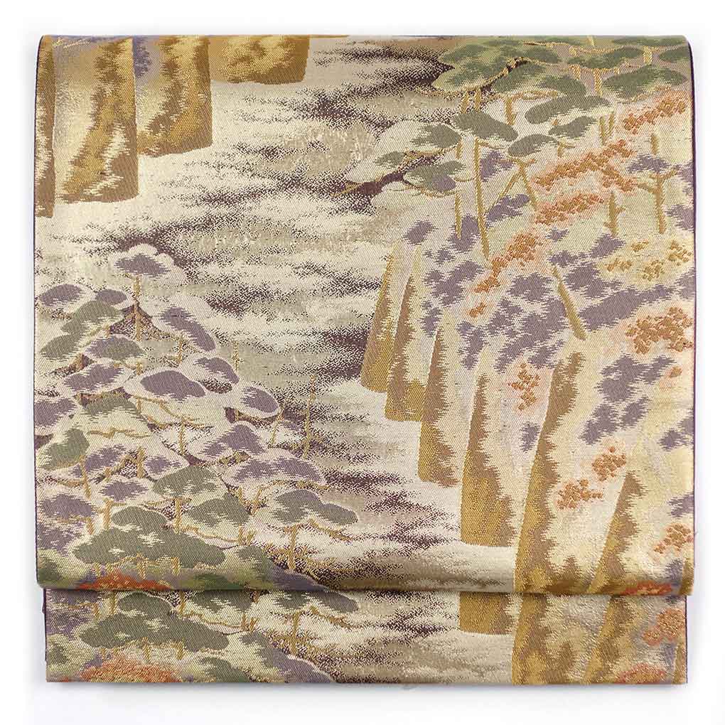 袋帯 リサイクル帯 幅30.5cm 長さ429cm レディース 風景画 秋冬春用 正絹（シルク）ゴールド 未使用品 リメイク リユース【ランクS】