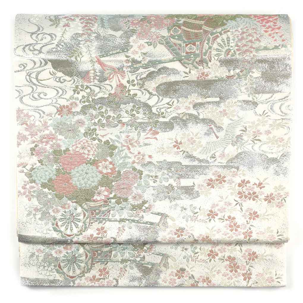 袋帯 リサイクル帯 幅31cm 長さ431cm レディース 花柄 秋冬春用 正絹（シルク）シルバー 美品 リメイク リユース【ランクA】