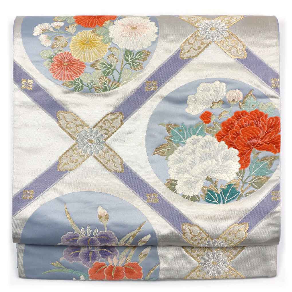 袋帯 リサイクル帯 幅30cm 長さ437cm レディース 花丸紋 秋冬春用 正絹（シルク）シルバー 美品 リメイク リユース【ランクA】