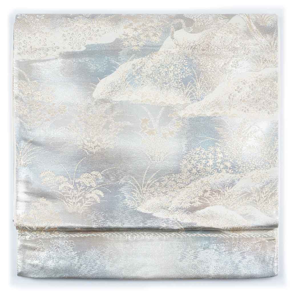 袋帯 リサイクル帯 幅31cm 長さ430cm レディース 花柄 秋冬春用 正絹（シルク）ゴールド 未使用品 リメイク リユース【ランクS】