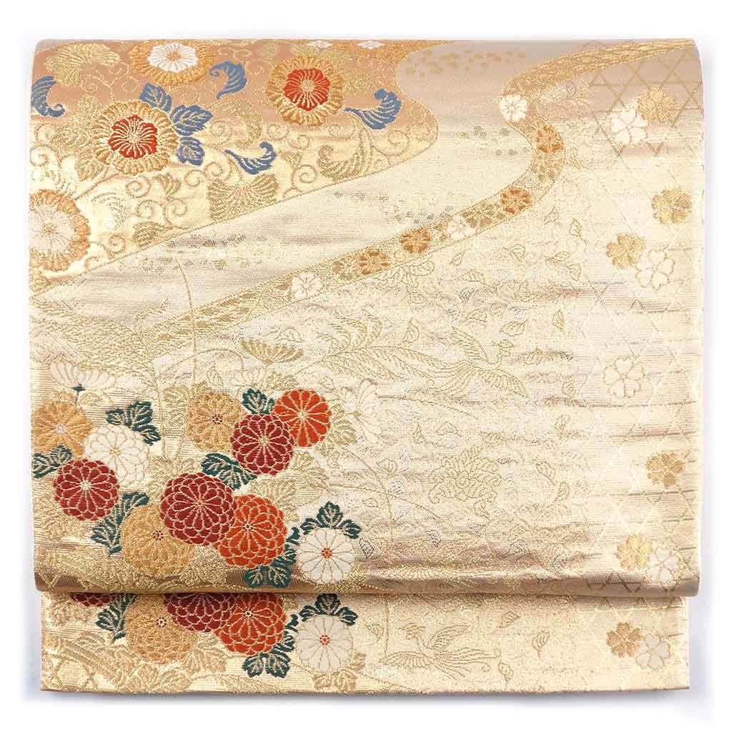 袋帯 リサイクル帯 幅31cm 長さ413cm レディース 花柄 秋冬春用 正絹（シルク）ゴールド 美品 リメイク リユース【ランクA】