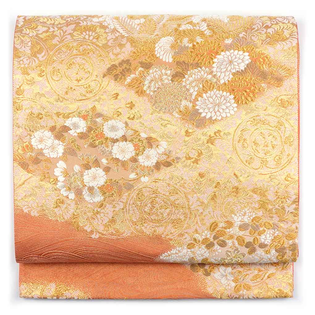 袋帯 リサイクル帯 幅31cm 長さ438cm レディース 花柄 秋冬春用 正絹（シルク）オレンジ 美品 リメイク リユース【ランクA】