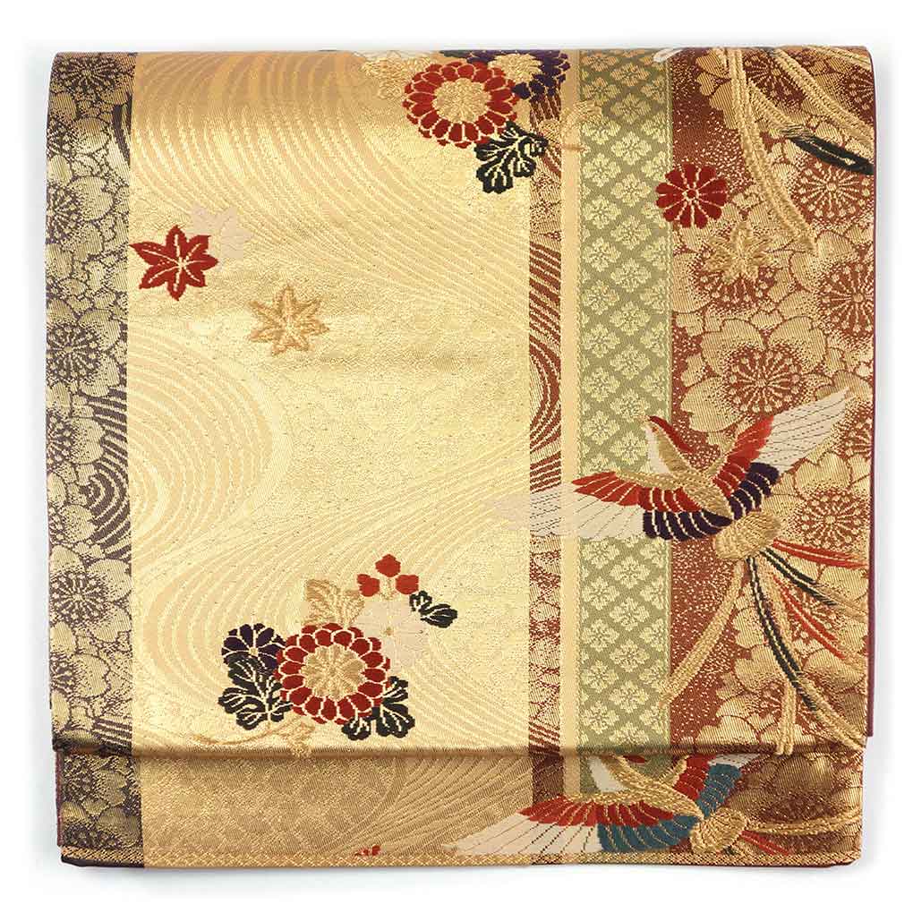 袋帯 リサイクル帯 幅31cm 長さ421cm レディース 花柄 秋冬春用 正絹（シルク）ゴールド 美品 リメイク リユース【ランクA】