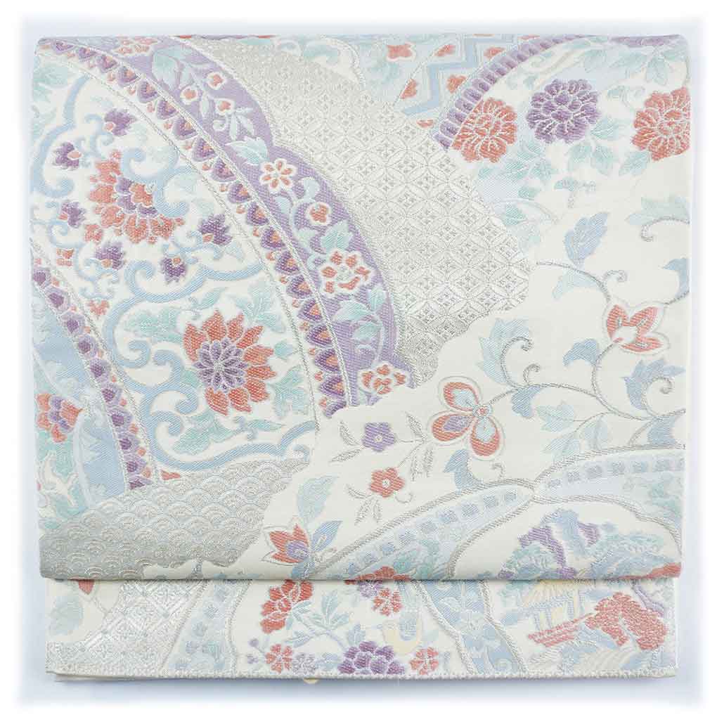 袋帯 リサイクル帯 幅31cm 長さ421cm レディース 花柄 秋冬春用 正絹（シルク）ホワイト やや難 リメイク リユース【ランクB】