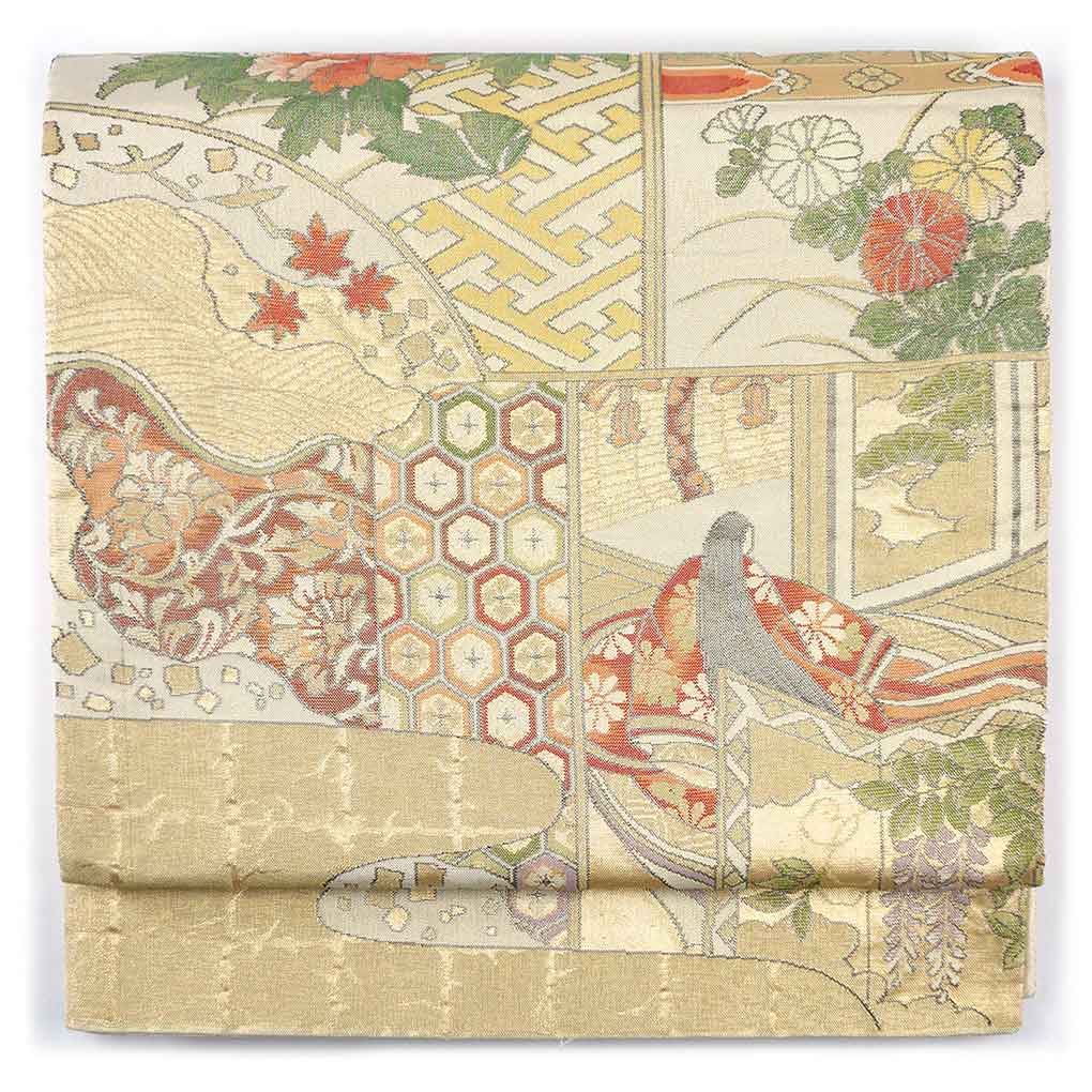 袋帯 リサイクル帯 幅31cm 長さ422cm レディース 花柄 秋冬春用 正絹（シルク）ゴールド 美品 リメイク リユース【ランクA】