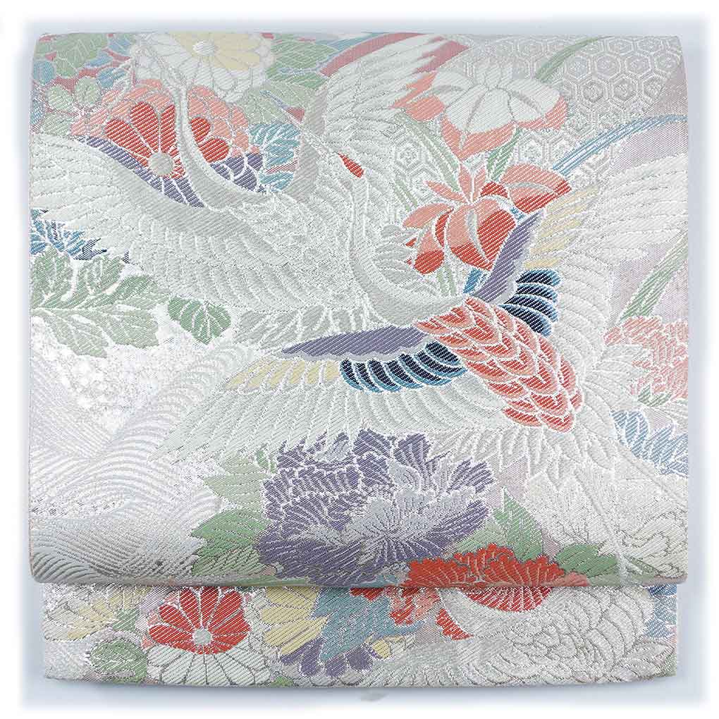 袋帯 リサイクル帯 幅30cm 長さ439cm レディース 花柄 秋冬春用 正絹（シルク）シルバー 美品 リメイク リユース【ランクA】