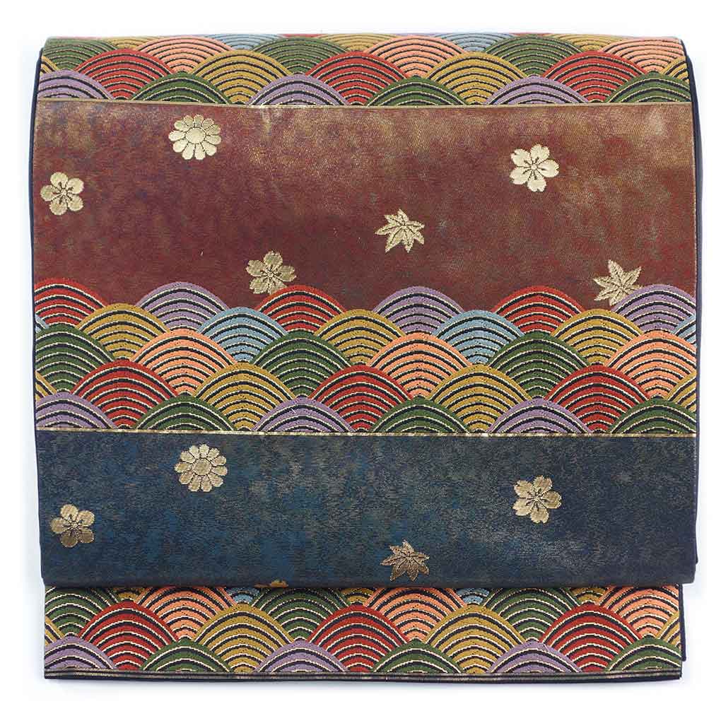 袋帯 リサイクル帯 幅31cm 長さ437cm レディース 青海波 秋冬春用 正絹（シルク）ブラウン 美品 リメイク リユース【ランクA】