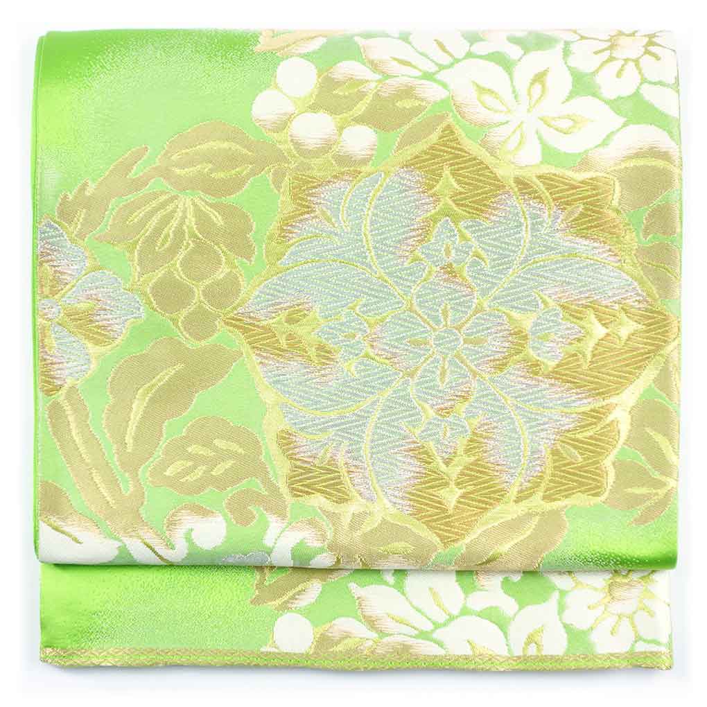 袋帯 リサイクル帯 幅30.5cm 長さ423cm レディース 花柄 秋冬春用 正絹（シルク）グリーン 美品 リメイク リユース【ランクA】