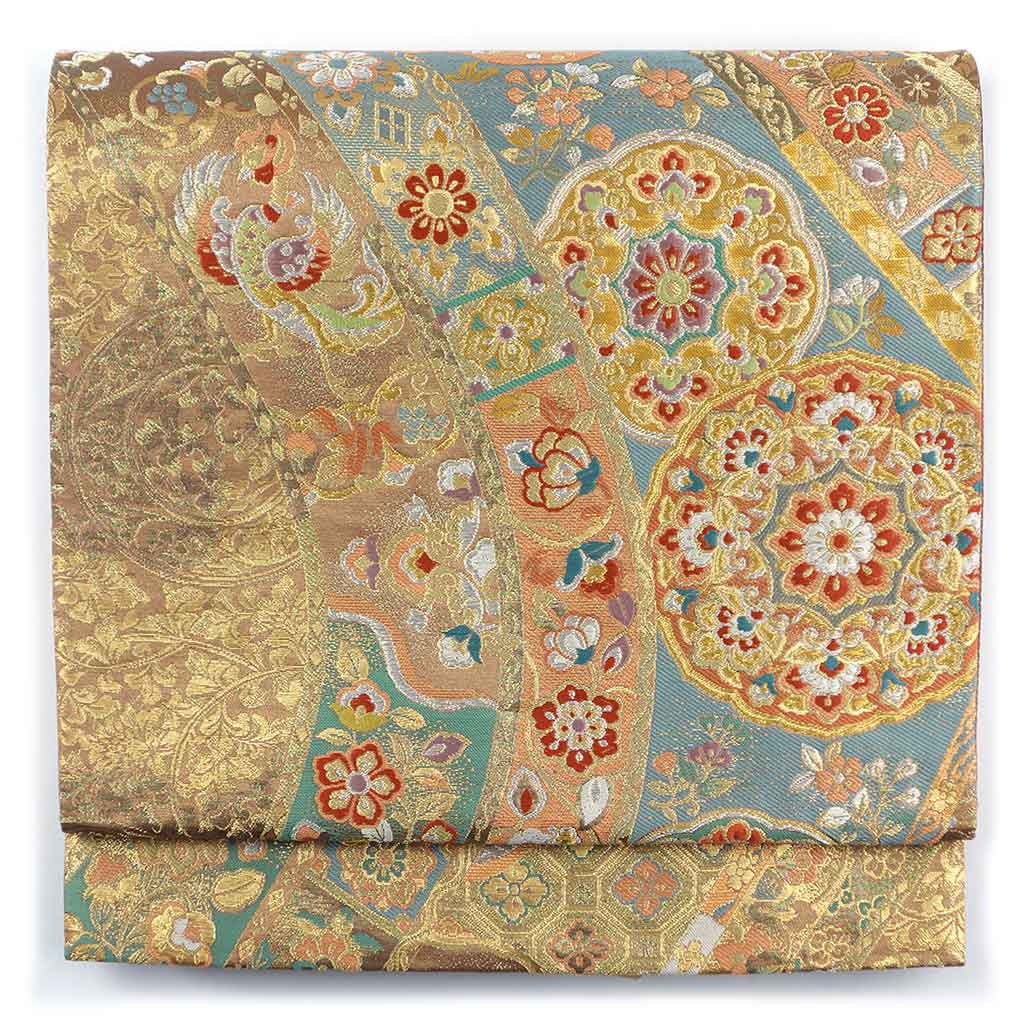 袋帯 リサイクル帯 幅31cm 長さ438cm レディース 花柄 秋冬春用 正絹（シルク）ブラウン 美品 リメイク リユース【ランクA】