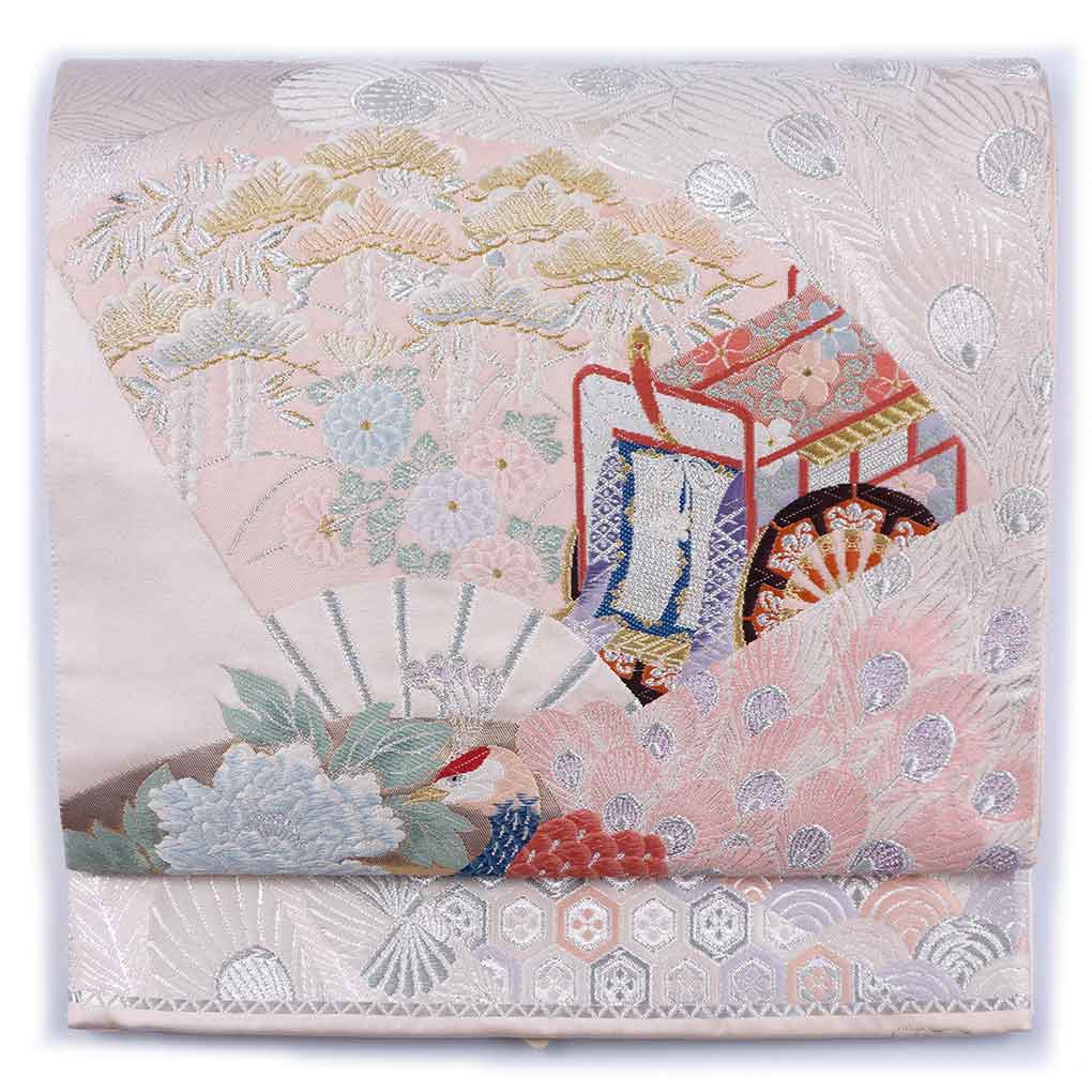 袋帯 リサイクル帯 幅31cm 長さ438cm レディース 御所車 秋冬春用 正絹（シルク）ピンク 美品 リメイク リユース【ランクA】