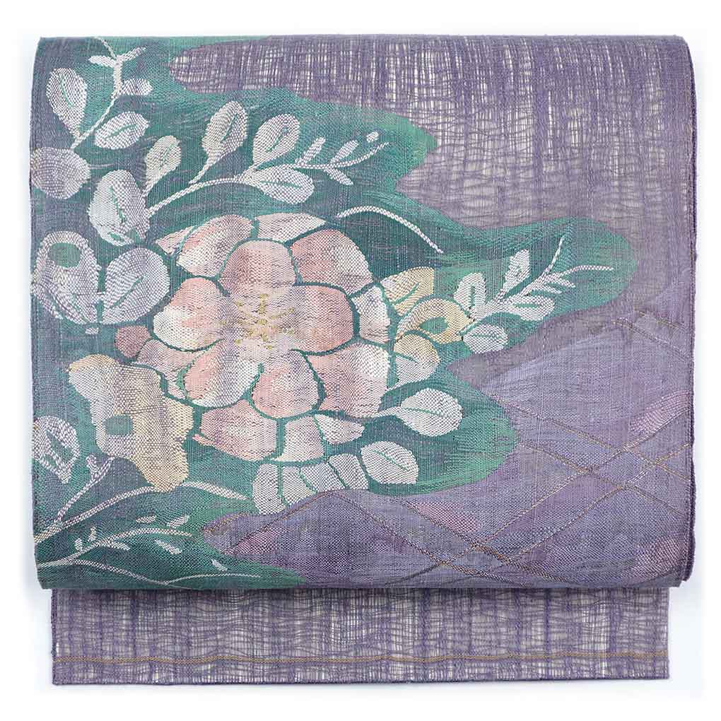 袋帯 リサイクル帯 幅30.5cm 長さ440cm レディース 紫陽花 夏用 正絹（シルク）パープル 未使用品 リメイク リユース【ランクS】