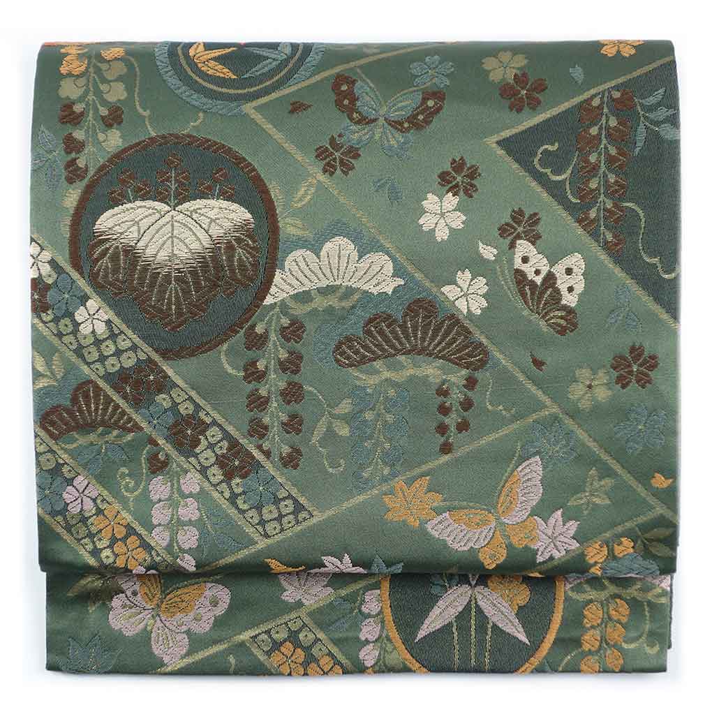 京袋帯 リサイクル帯 幅30cm 長さ370cm レディース 花柄 秋冬春用 正絹（シルク）グリーン 美品 リメイク リユース【ランクA】