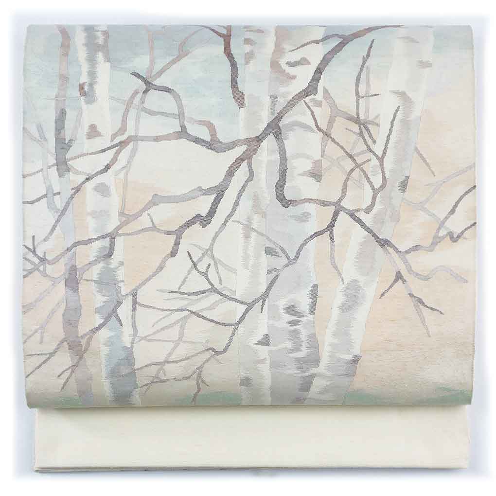 袋帯 リサイクル帯 幅31cm 長さ435cm レディース 白樺 秋冬春用 正絹（シルク）ホワイト 未使用品 北尾織物匠 リメイク リユース【ランクS】