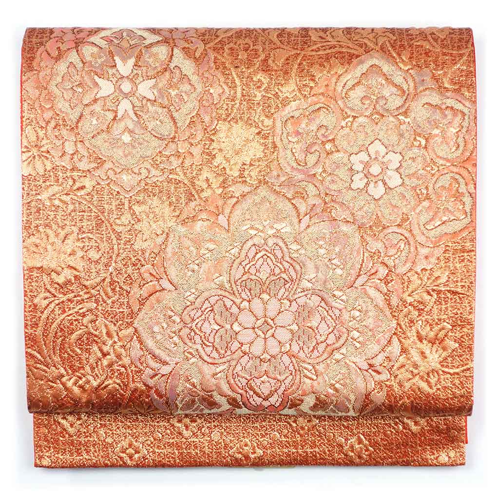袋帯 リサイクル帯 幅31cm 長さ440cm レディース 花柄 秋冬春用 正絹（シルク）オレンジ 美品 リメイク リユース【ランクA】