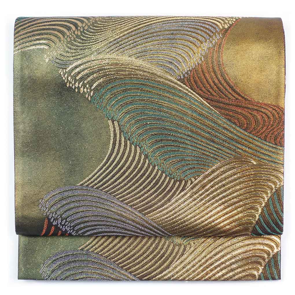 袋帯 リサイクル帯 幅31cm 長さ427cm レディース 抽象柄 秋冬春用 正絹（シルク）ブラウン 美品 リメイク リユース【ランクA】