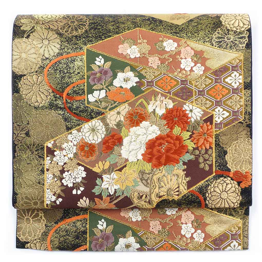 袋帯 リサイクル帯 幅30cm 長さ437cm レディース 文箱 秋冬春用 正絹（シルク）ゴールド 美品 リメイク リユース【ランクA】