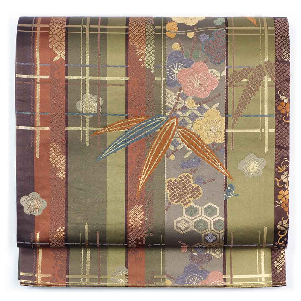 袋帯 リサイクル帯 幅31cm 長さ438cm レディース 笹 秋冬春用 正絹（シルク）グリーン 美品 リメイク リユース【ランクA】